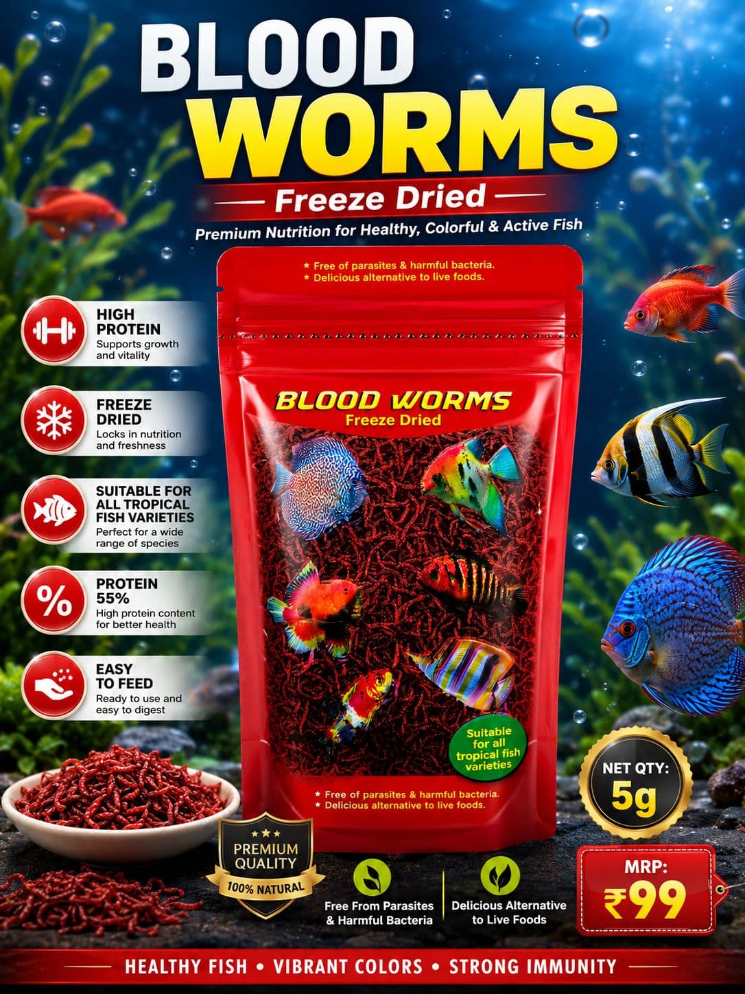 Bloodworm Fish Food (5 g × 3 Packets | Total: 15 g)